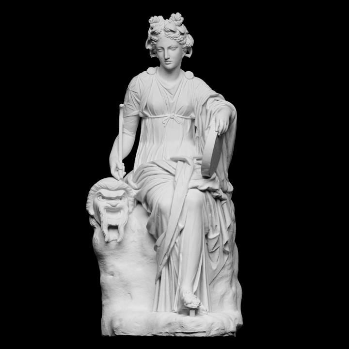 Seated Muse Thalia – 12K Premium Resin Sculpture of the Greek Muse of Comedy and Idyllic Poetry, Classical Style