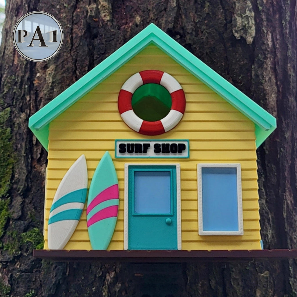 3D Printed Surf Shop Birdhouse: Unpainted Cartoon Style PLA Decor