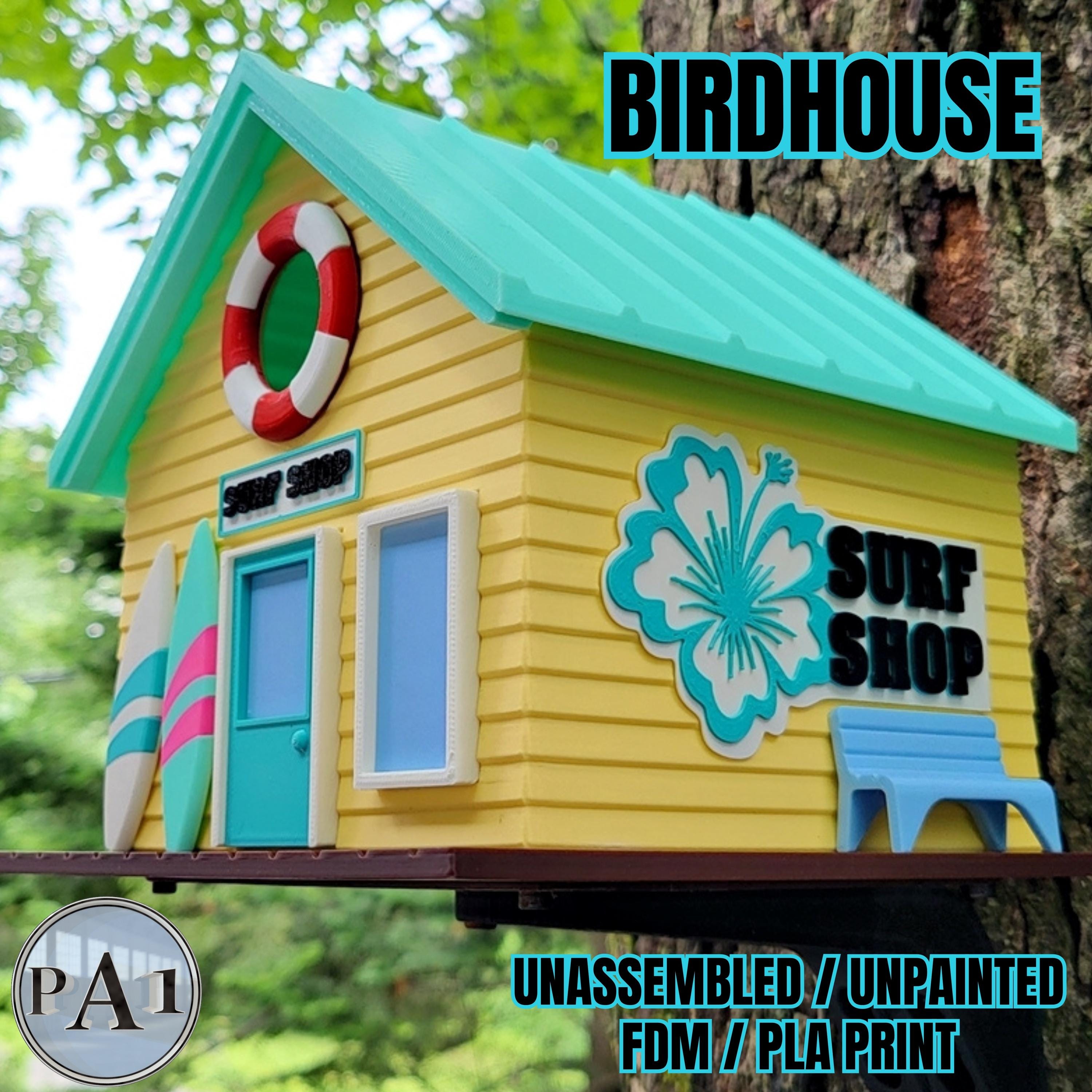 3D Printed Surf Shop Birdhouse: Unpainted Cartoon Style PLA Decor