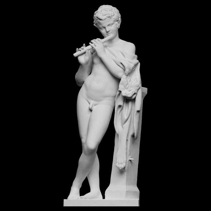 The Piping Faun Statue | Satyr Playing Flute | Roman Mythology Art | 12k Resin or Marble composite